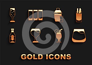 Set Wine glass, Cocktail Bloody Mary, Glass of whiskey, Beer bottle, shaker, champagne and Shot icon. Vector