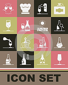 Set Wine glass, Decanter for wine, Bottle of, Sommelier, bottle with, tasting, degustation and Drought icon. Vector