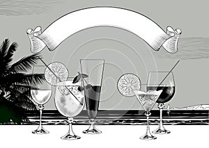 Set of wine glasses of different sizes and shapes with wines and cocktails against a sea background and ribbon banner