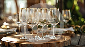 A set of wine glasses with gold rims sitting atop a polished rustic wooden tray ideal for entertaining guests
