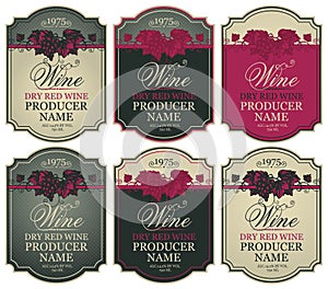 Set of wine labels with bunches of grapes