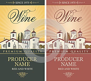 Set of wine labels with european village landscape