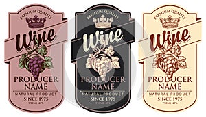 Set of wine labels with grape bunches and crowns