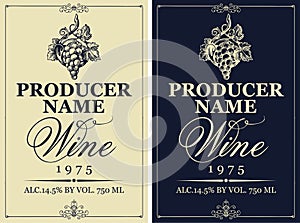 Set of wine labels with hand drawn bunch of grapes