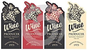 Set of wine labels with hand-drawn grape bunches