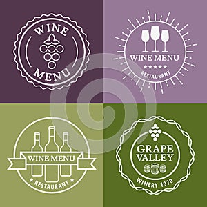 Set of wine signs, badges and labels. Vector line illustration.