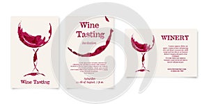 Set of Wine testing and Winery card in shape of wineglass, bottle stain