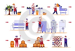 Set of winemakers busy with producing wine, flat vector illustration isolated.