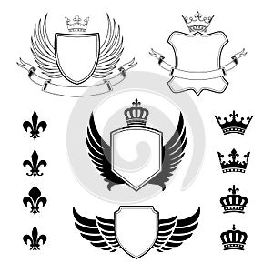 Set of winged shields - coat of arms - heraldic design elements, fleur de lis and royal crowns