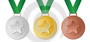 Set of winner medals with green ribbon, vector image