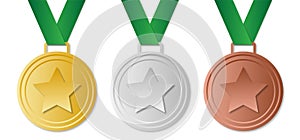 Set of winner medals with green ribbon, vector image