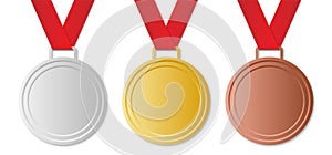 Set of winner medals with red ribbon, vector image