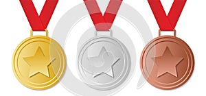 Set of winner medals with red ribbon, vector image