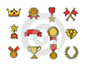 Set of winners color handdrawn icons