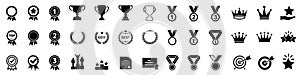 Set of winning award and prize icons, trophy reward, victory trophy signs depicting an award, victory cup achievement, winner