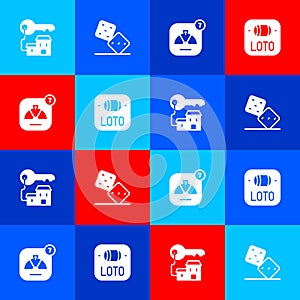 Set Winning house with key, Game dice, Lucky wheel and Lottery ticket icon. Vector