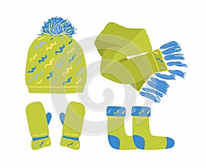 Set of winter accessories knitted hat scarf mittens socks light green. Stock vector flat illustration isolated on white