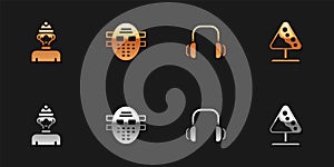 Set Winter athlete, Hockey mask, headphones and Road sign avalanches icon. Vector