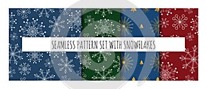 Set of 4 winter Christmas seamless patterns with snowflakes. Ornaments on blue, red and green backgrounds. Pattern with golden sno