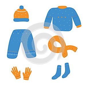 Set of winter clothes isolated on white background.
