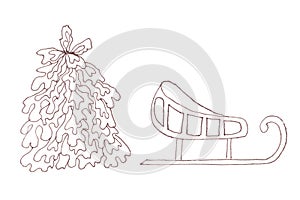 Set of winter elements of christmas tree and sleigh, graphic monochrome drawing on a white background