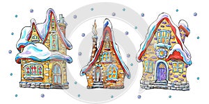 Set of winter fairy houses. Watercolor illustration for postcard, print on fabric, design, children