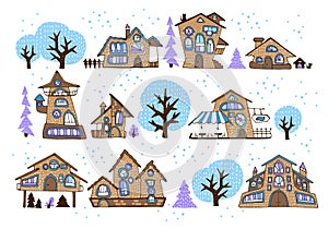 Set of winter fairytale houses with stylized various windows, trees, fir-trees and shrubs, cartoon-style street, made with bright