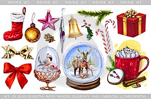 Set with winter festive elements, toys, decorative compositions for postcards, prints and ohter.