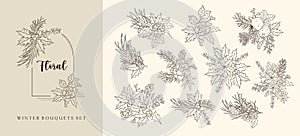 Set of winter floral botanical black line art bouquets. Christmas poinsettia, pine cones, fir branches