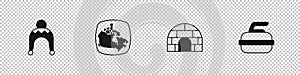 Set Winter hat, Canada map, Igloo ice house and Stone for curling icon. Vector