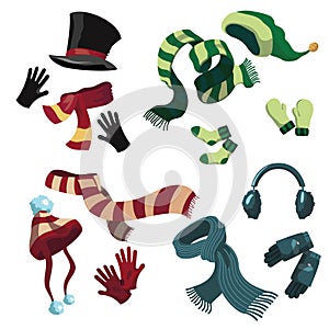 A set of winter hats and scarves. A collection of warm hats and gloves. Winter clothes.