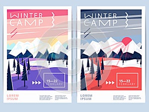 Set of winter hiking camp poster or flyer.