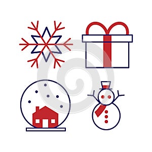 Set of winter icons - christmas tree, show, drink glass, holiday bell, gift and hot coffee. Outline blue icons with transparent