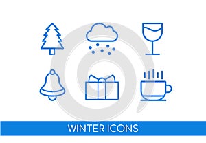 Set of winter icons - christmas tree, show, drink glass, holiday bell, gift and hot coffee. Outline blue icons with transparent