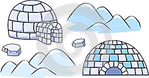 A set of winter igloo houses and ice floes