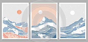 Set of Winter mountain landscape. Mid century modern minimalist art print. Abstract mountain contemporary aesthetic backgrounds