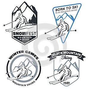 Set of winter mountain ski emblems, badges and icons.