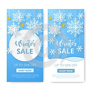 Set of Winter sale banner. Origami snowfall