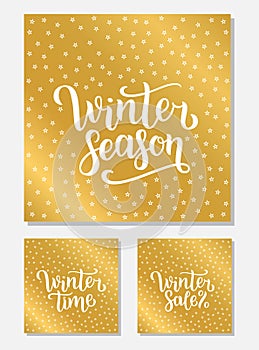 Set Winter sale, season and time lettering design. Vector illustration, gold background. Happy New Year and Merry Christmas Season