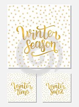 Set Winter sale, season and time lettering design. Vector illustration, gold letters isolated on white background. Happy New Year