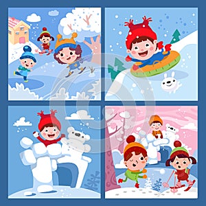 Set of winter scenes. Cute kids playing snowballs near the snow fort, skiing, skating, tubing. Playground for children