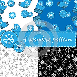 Set winter seamless pattern with snowflake, mitten and socks