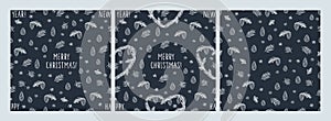 Set of winter seamless patterns with hand drawn hearts, cones, pine spruce, snowflakes.