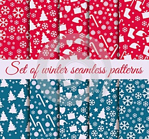 Set of winter seamless patterns with snowflakes, Christmas trees and toys. Christmas seamless patterns.