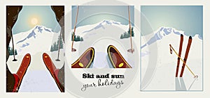 Sada skladajúca sa z lyžiarskeho starodávny plagáty. lyžiar dostať pripravený na hora. 