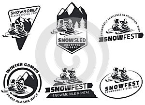 Set of winter snowmobile emblems, badges and icons. photo