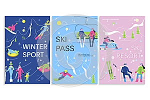 Set of Winter Sport banners Ski Resort with people