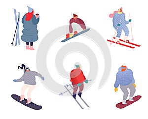 Set of Winter sport people characters. Sportsman on snowboard, skis. Snowboarding, skiing and skating sports