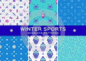 Set winter sport seamless patterns. Holiday recreation fun, ski, snowboard