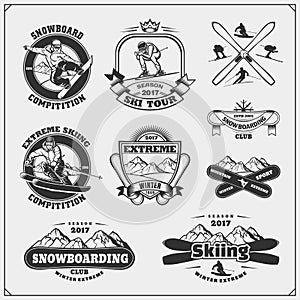 Set of winter sports emblems, labels, badges and design elements. Snowboarding, extreme skiing, downhill.